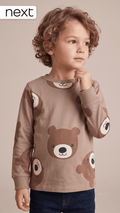 Boys Taupe Brown Bear Face Print Long Sleeve T-Shirt (BG-000918)