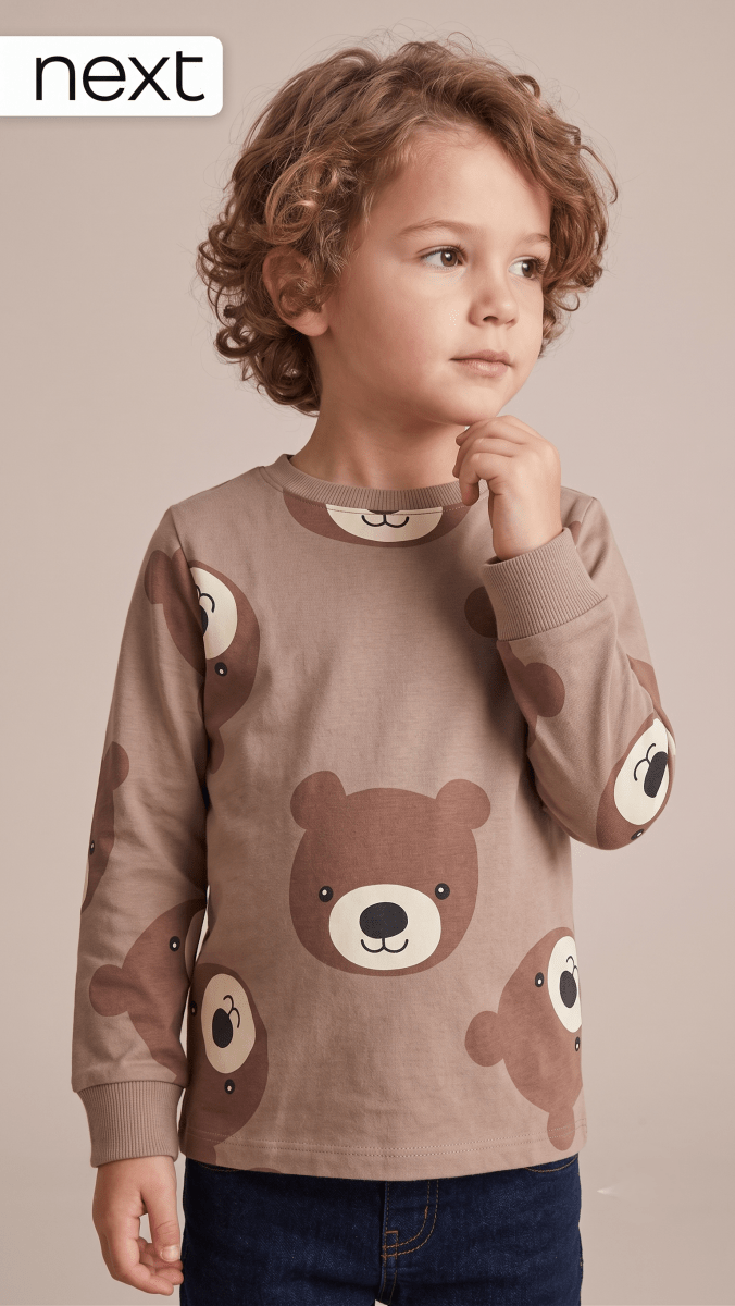 Boys Taupe Brown Bear Face Print Long Sleeve T-Shirt (BG-000918)