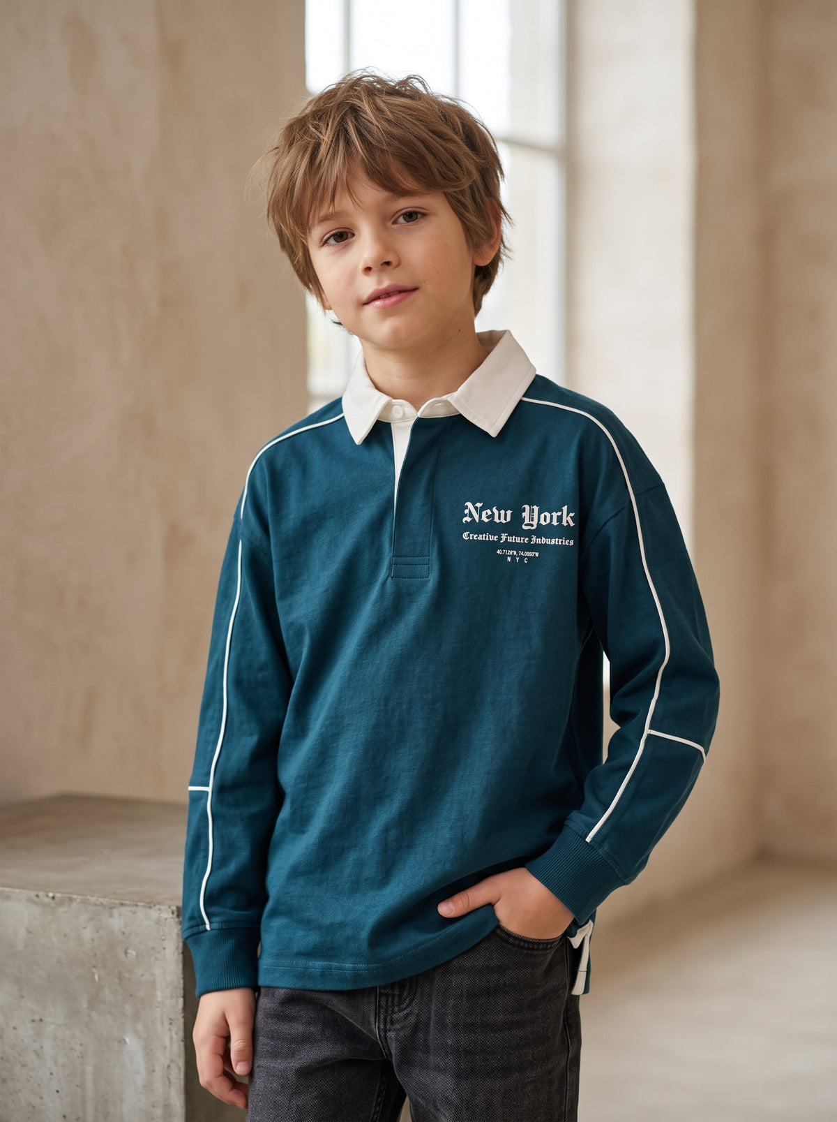 Boys Teal Blue "New York" Rugby Polo Shirt (BG-000985)