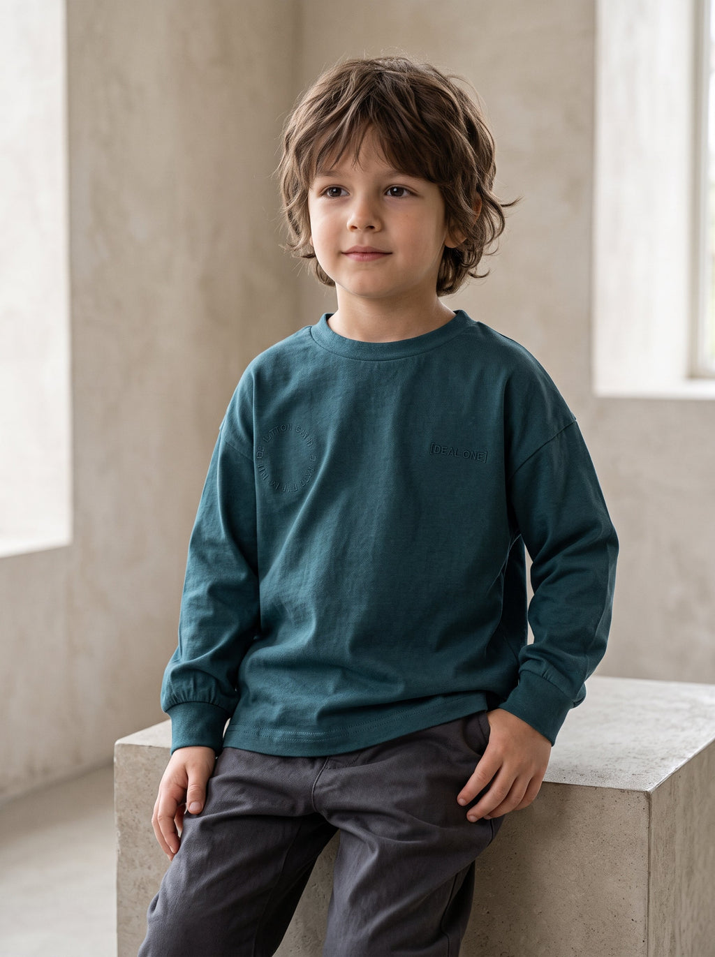Boys Teal Green Minimalist Graphic Long-Sleeve T-Shirt (BG-000977)