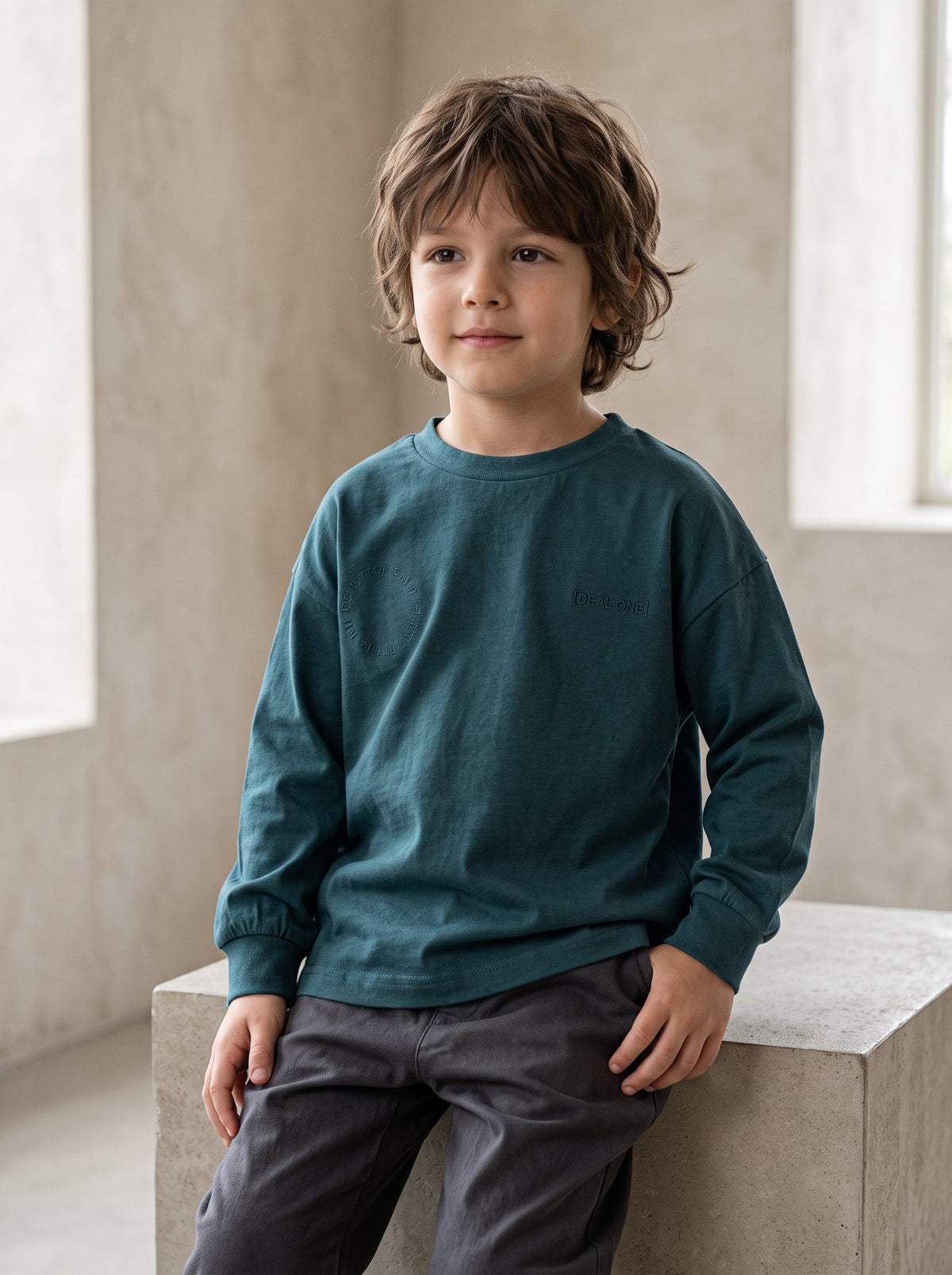 Boys Teal Green Minimalist Graphic Long-Sleeve T-Shirt (BG-000977)
