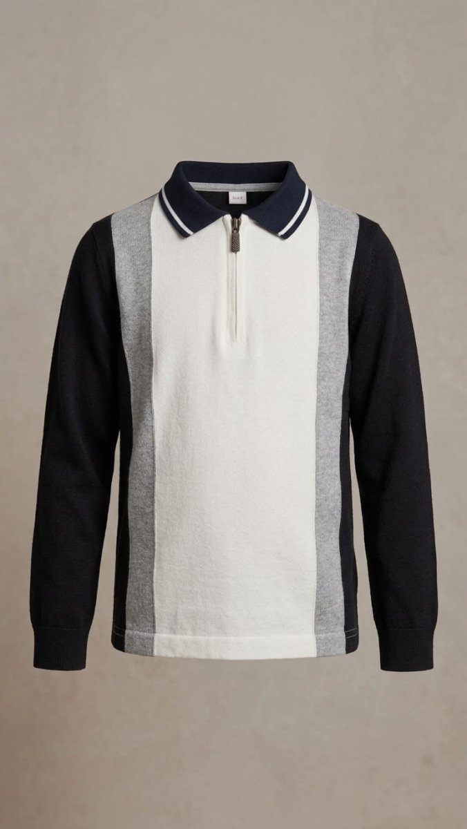 Boys White and Grey Color-Block Zip Polo Shirt (BG-000884)