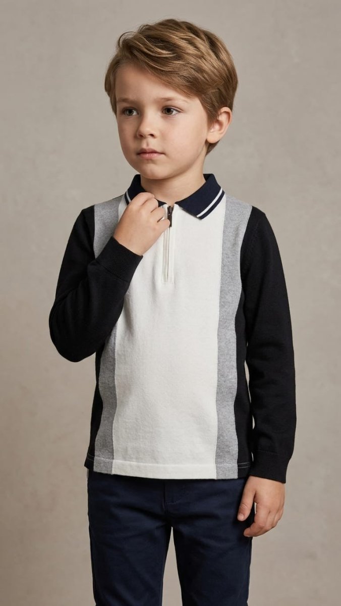 Boys White and Grey Color-Block Zip Polo Shirt (BG-000884)
