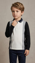 Boys White and Grey Color-Block Zip Polo Shirt (BG-000884)