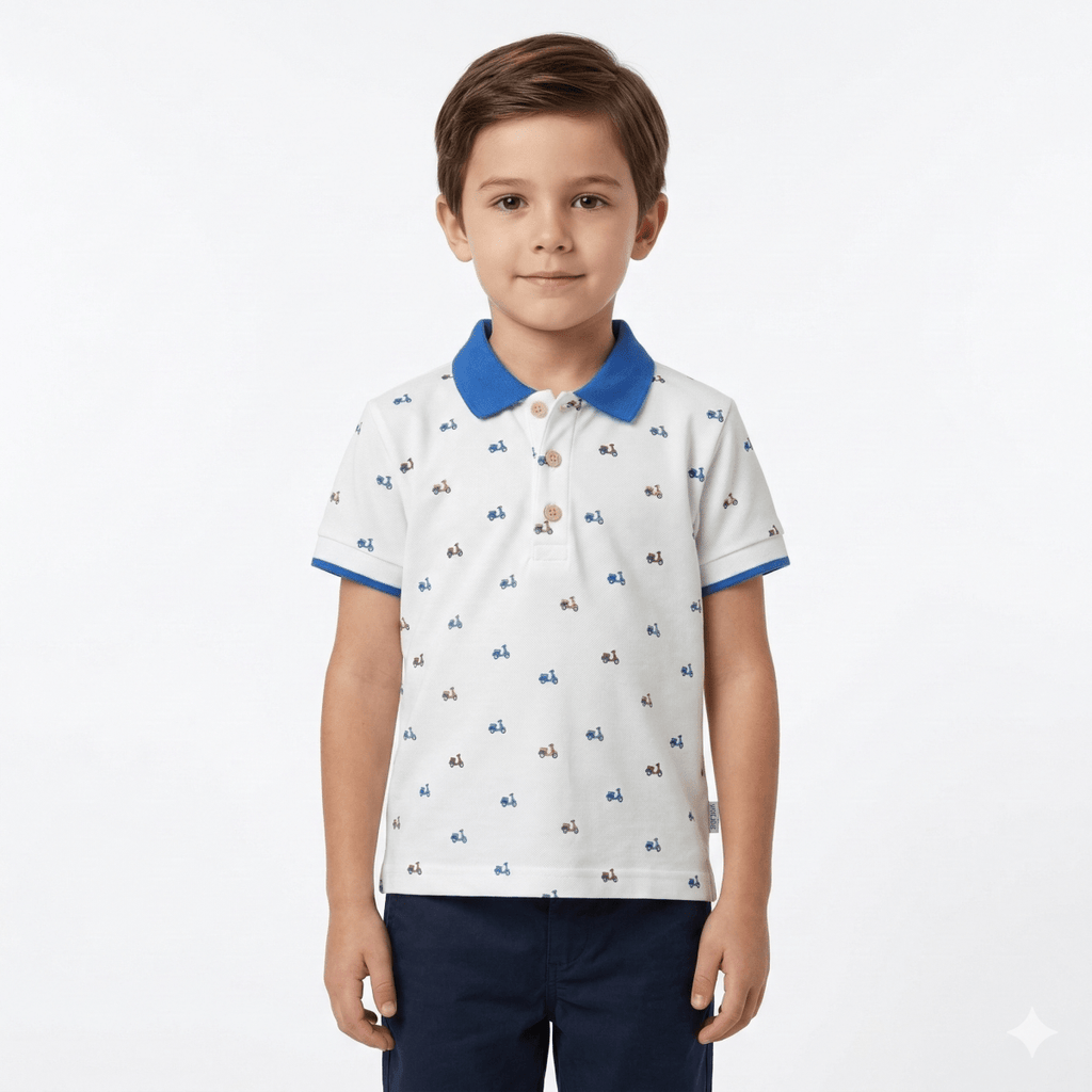 Boys White Pique Polo Shirt with Colorful Scooters (BG-000409) - polo