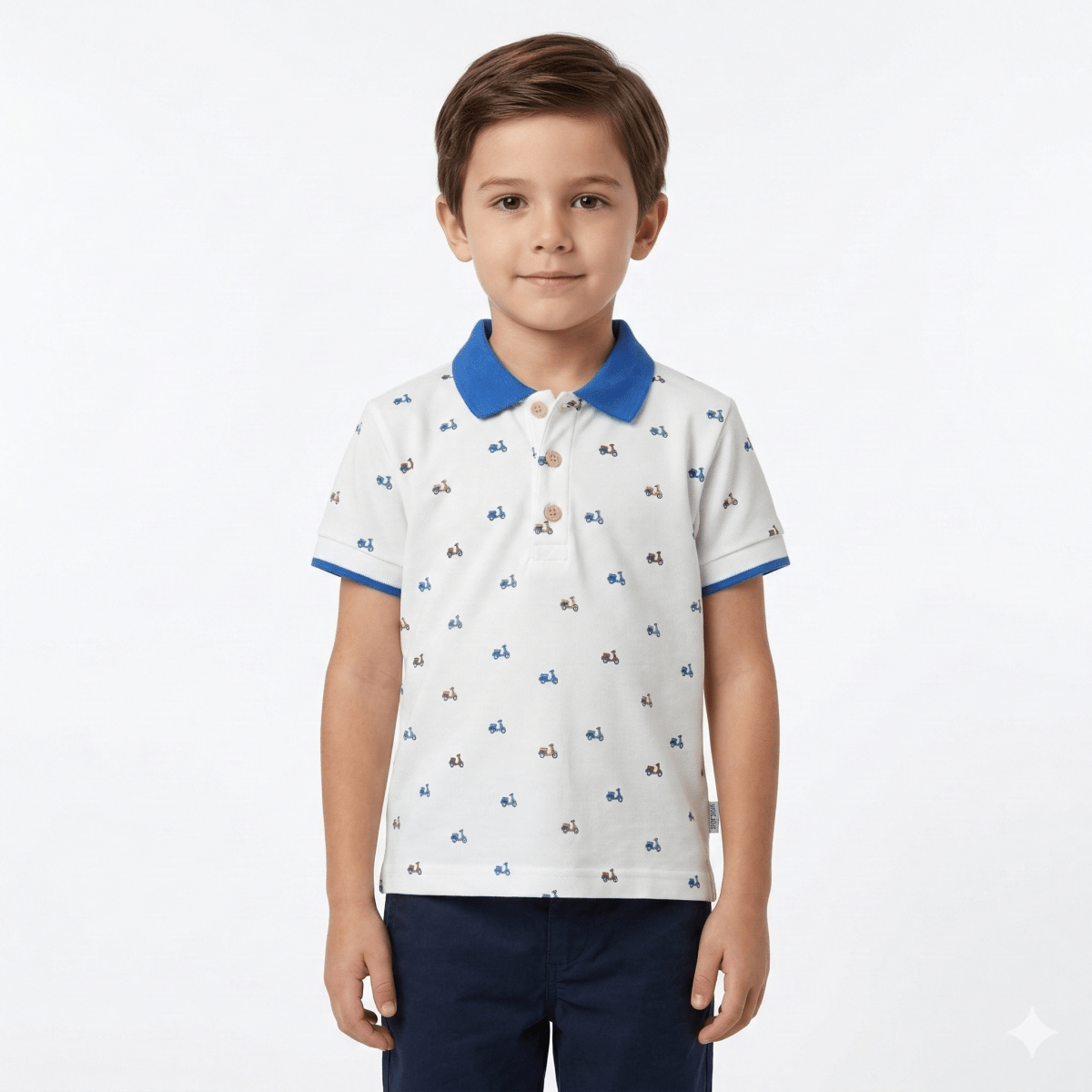 Boys White Pique Polo Shirt with Colorful Scooters (BG-000409) - polo