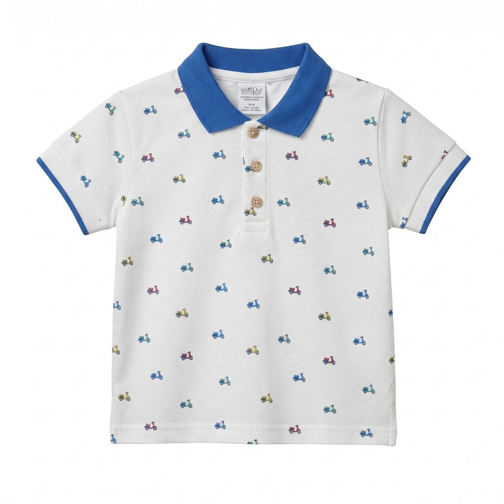 Boys White Pique Polo Shirt with Colorful Scooters (BG-000409) - polo