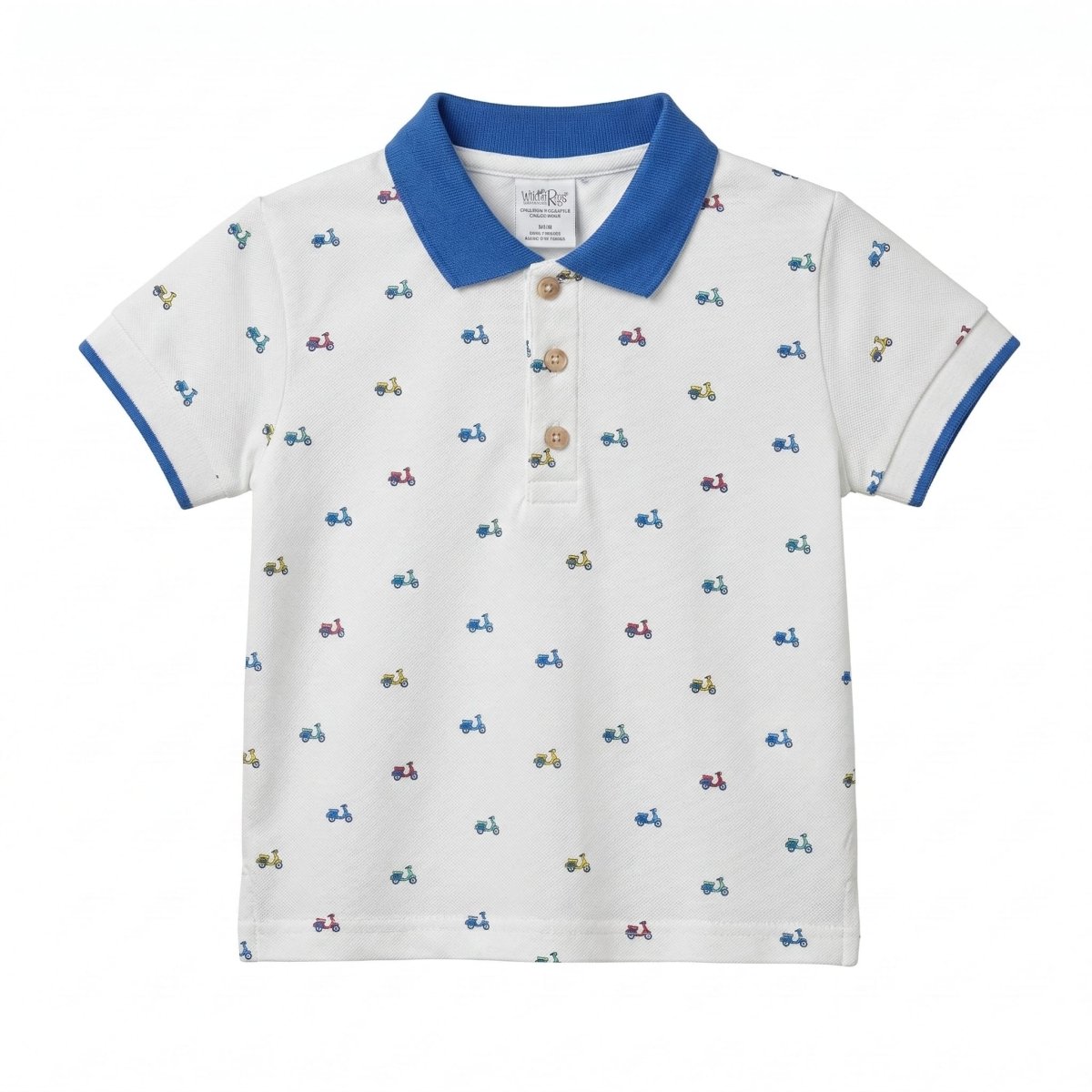 Boys White Pique Polo Shirt with Colorful Scooters (BG-000409) - polo
