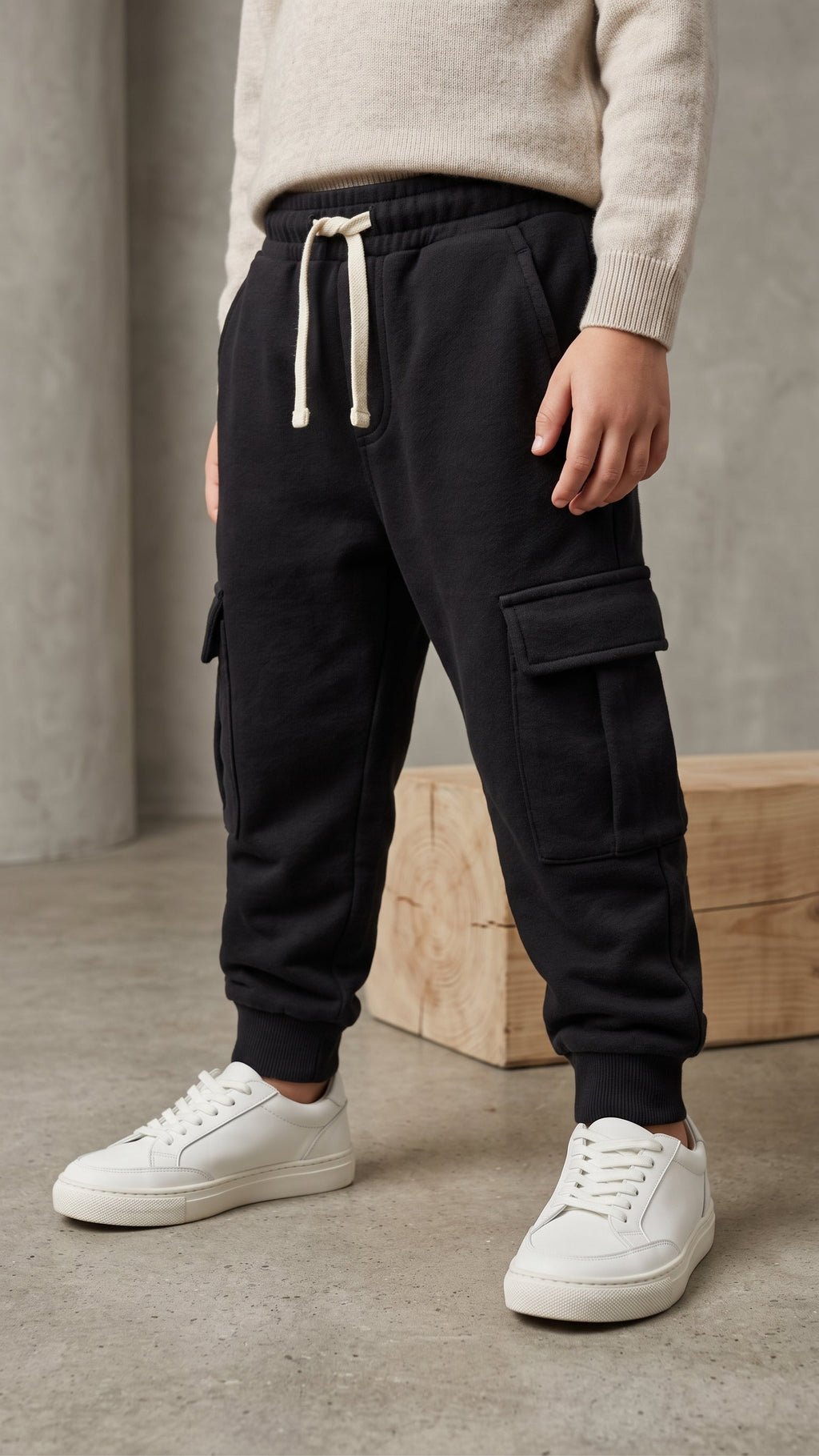 Boys Winter Black Cargo Jogger Trousers with Drawstring Waist (BG-000975)