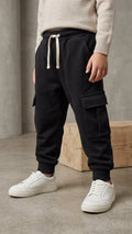 Boys Winter Black Cargo Jogger Trousers with Drawstring Waist (BG-000975)