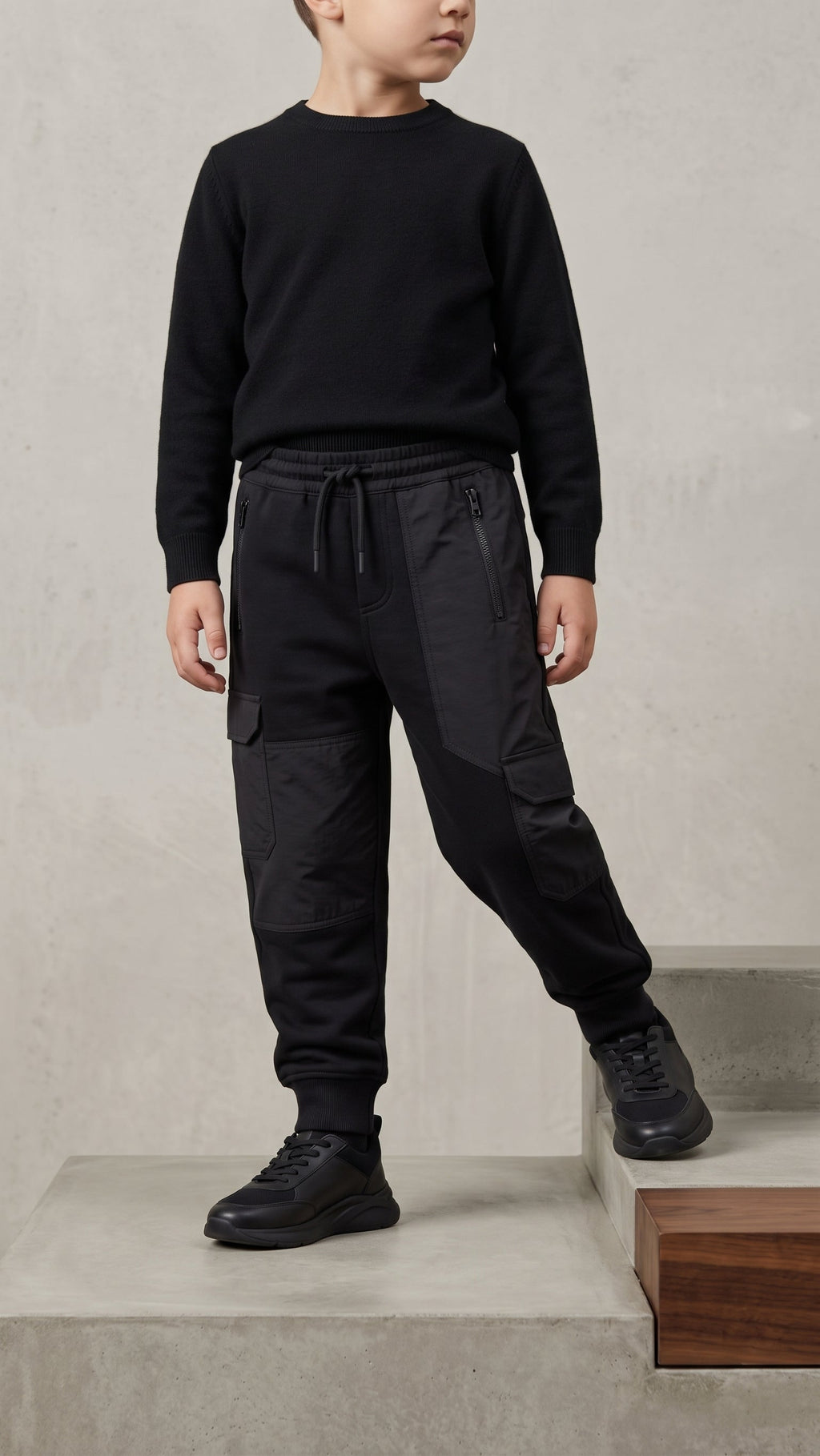 Boys Winter Black Multi-Pocket Cargo Jogger Trousers (BG-000965)