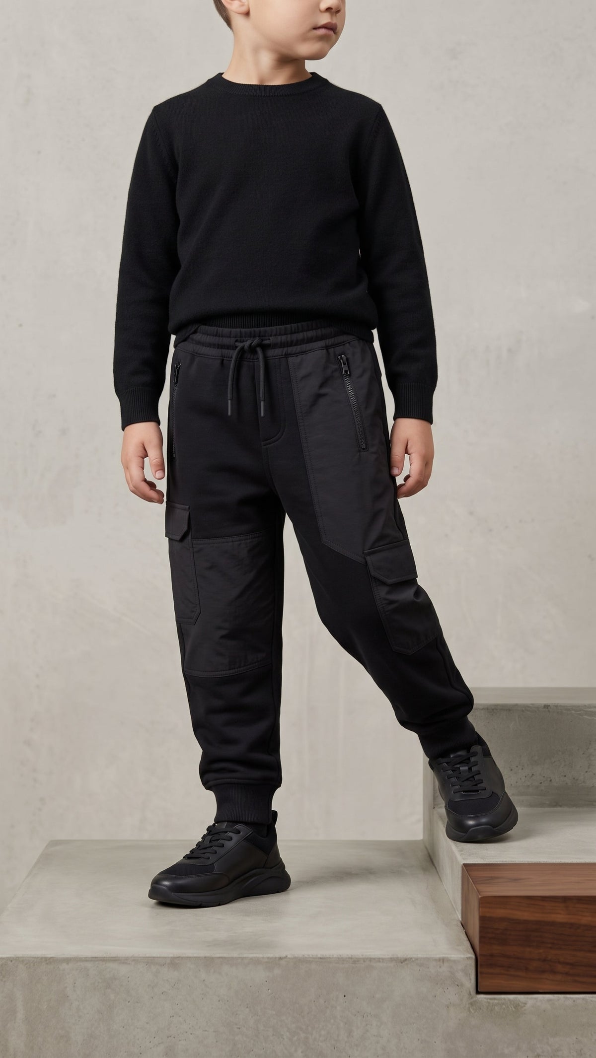 Boys Winter Black Multi-Pocket Cargo Jogger Trousers (BG-000965)