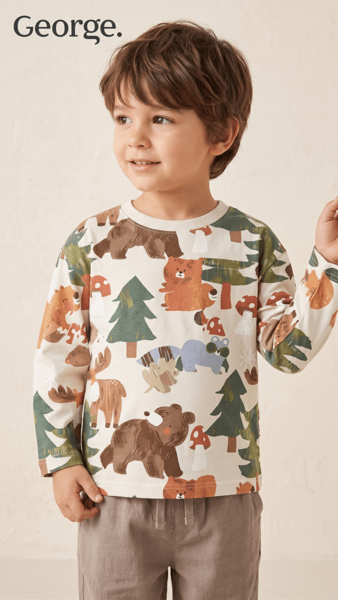 Boys Woodland Forest Animal Print Long Sleeve T-Shirt (BG-000919)