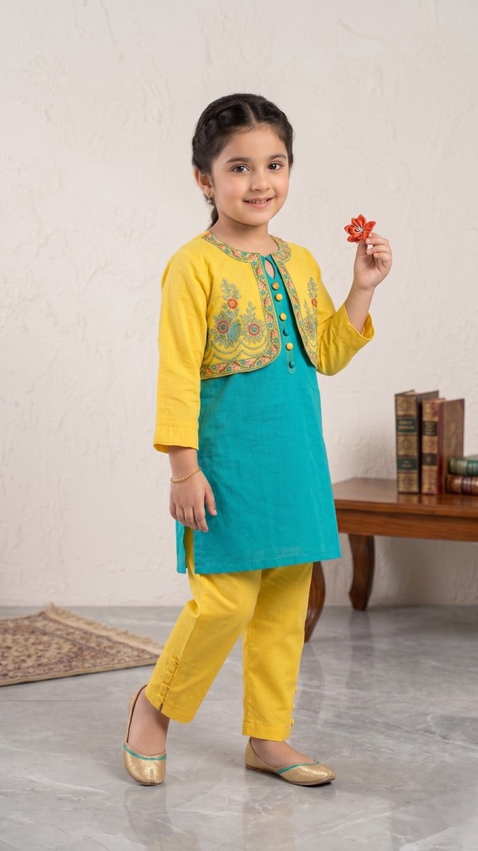 BREAK OUT OCEAN BLUE AND YELLOW KURTI 3 PC (BG-000814) - 2 piece suit