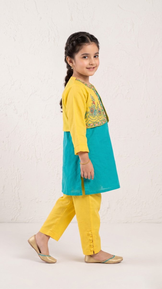 BREAK OUT OCEAN BLUE AND YELLOW KURTI 3 PC (BG-000814) - 2 piece suit