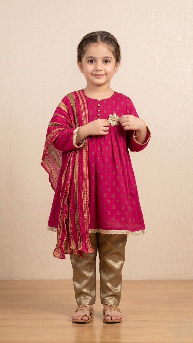 BREAKOUT PINK 3 PC WITH GOLDEN EMBROIDERY KURTI (BG-000813) - 2 piece suit
