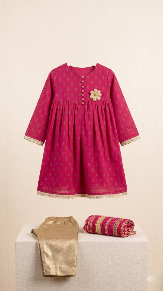 BREAKOUT PINK 3 PC WITH GOLDEN EMBROIDERY KURTI (BG-000813) - 2 piece suit