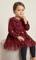 Burgundy Gold Star Print Long Sleeve Dress (BG-000635) - frock