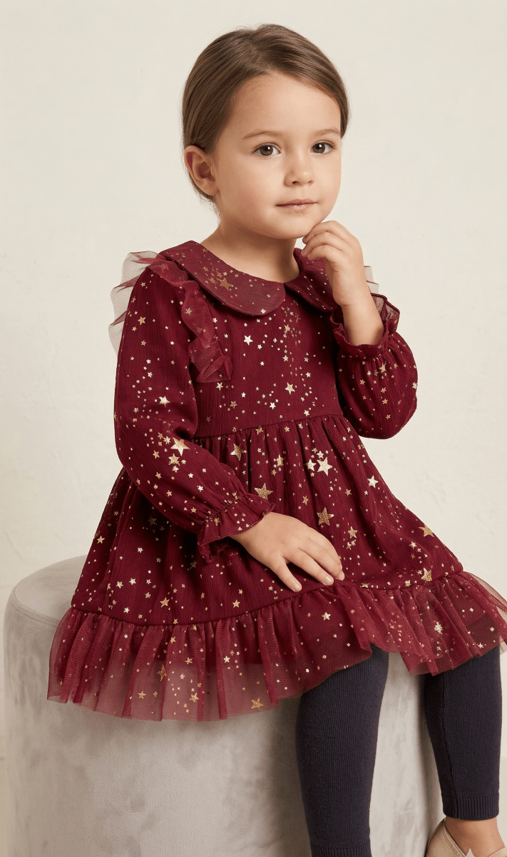 Burgundy Gold Star Print Long Sleeve Dress (BG-000635) - frock