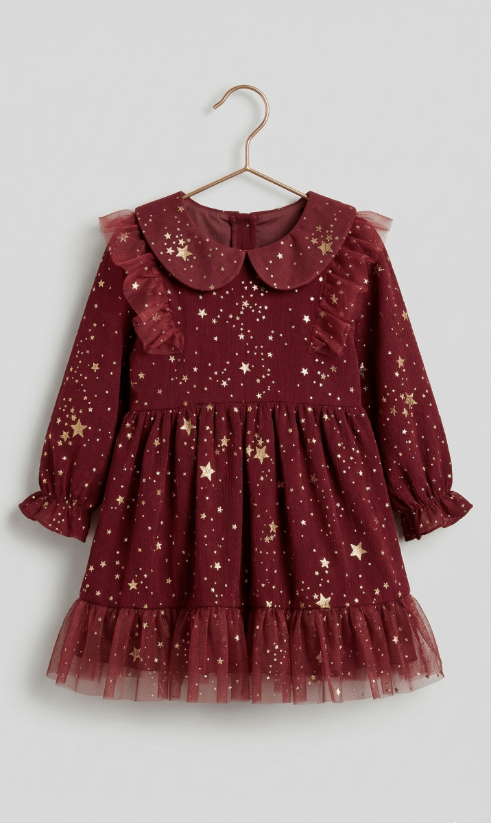 Burgundy Gold Star Print Long Sleeve Dress (BG-000635) - frock