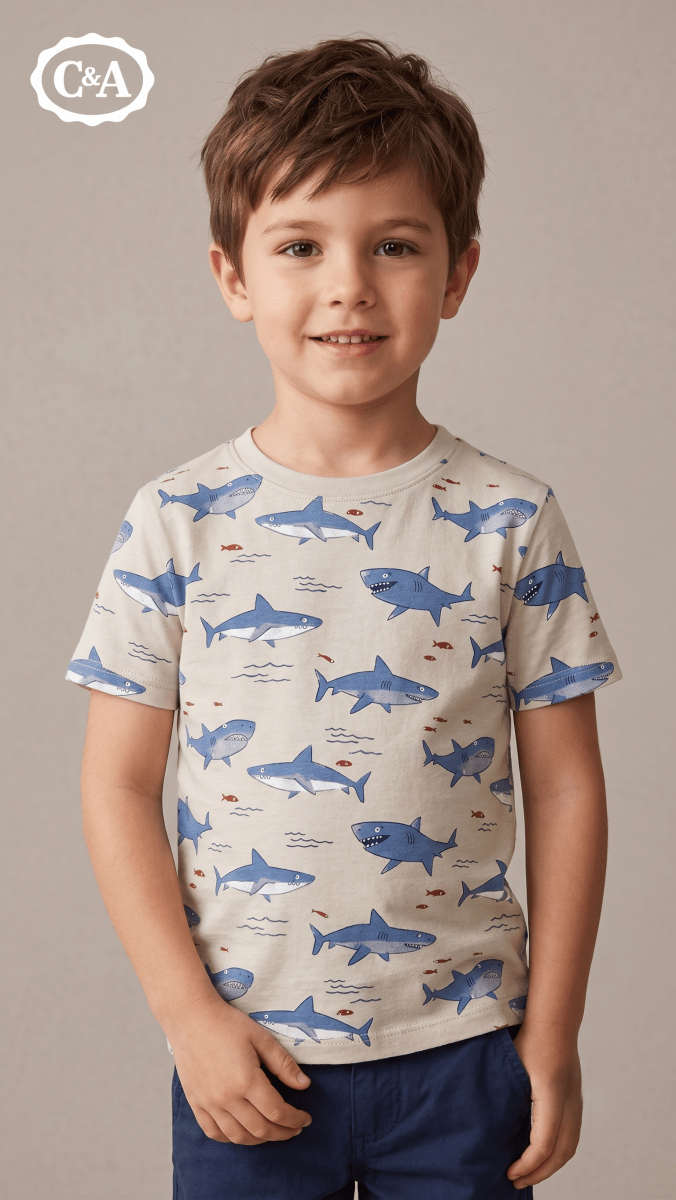 C&A Boys' All-Over Shark Print Short Sleeve T-Shirt - Beige (BG-000771)