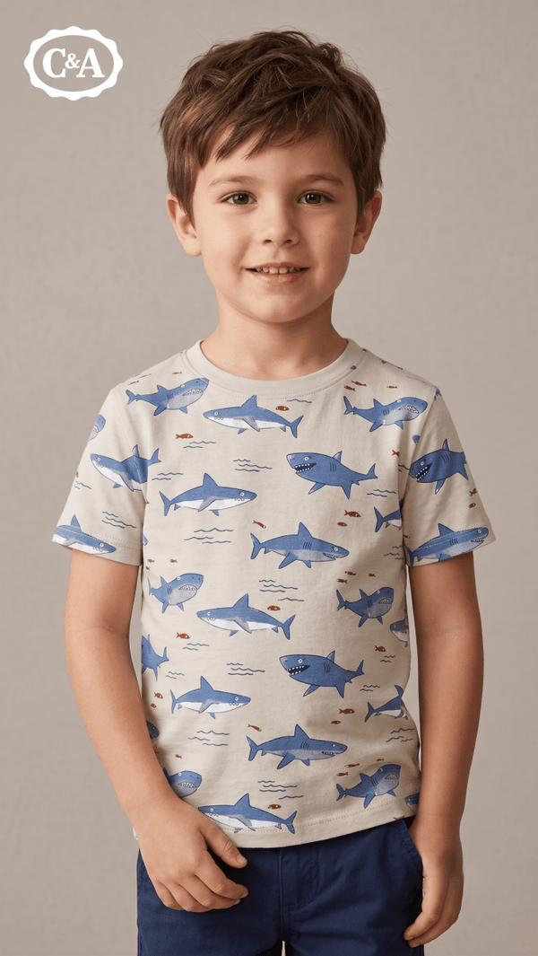 C&A Boys' All-Over Shark Print Short Sleeve T-Shirt - Beige (BG-000771)