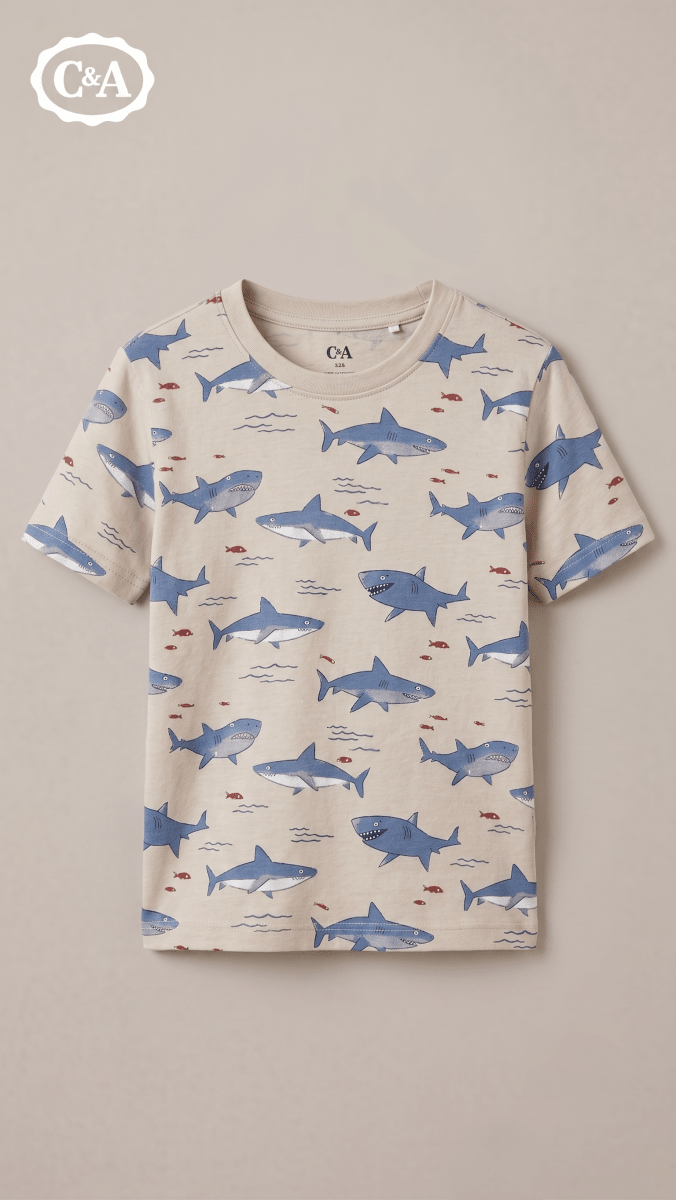 C&A Boys' All-Over Shark Print Short Sleeve T-Shirt - Beige (BG-000771)