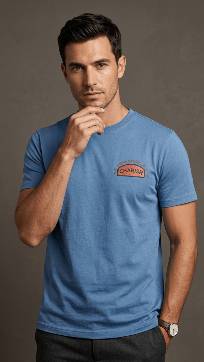 Charish" Vintage Badge Premium Blue Tee (BG-000660) - men shirts