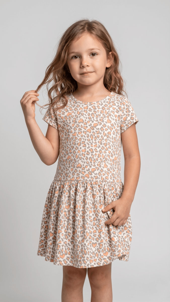 Cream Leopard Heart Print Drop-Waist Frock (BG-000645) - frock