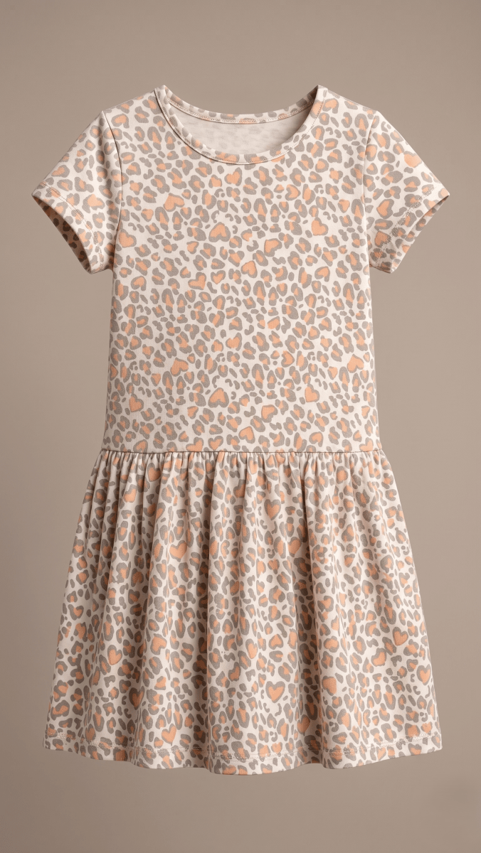 Cream Leopard Heart Print Drop-Waist Frock (BG-000645) - frock