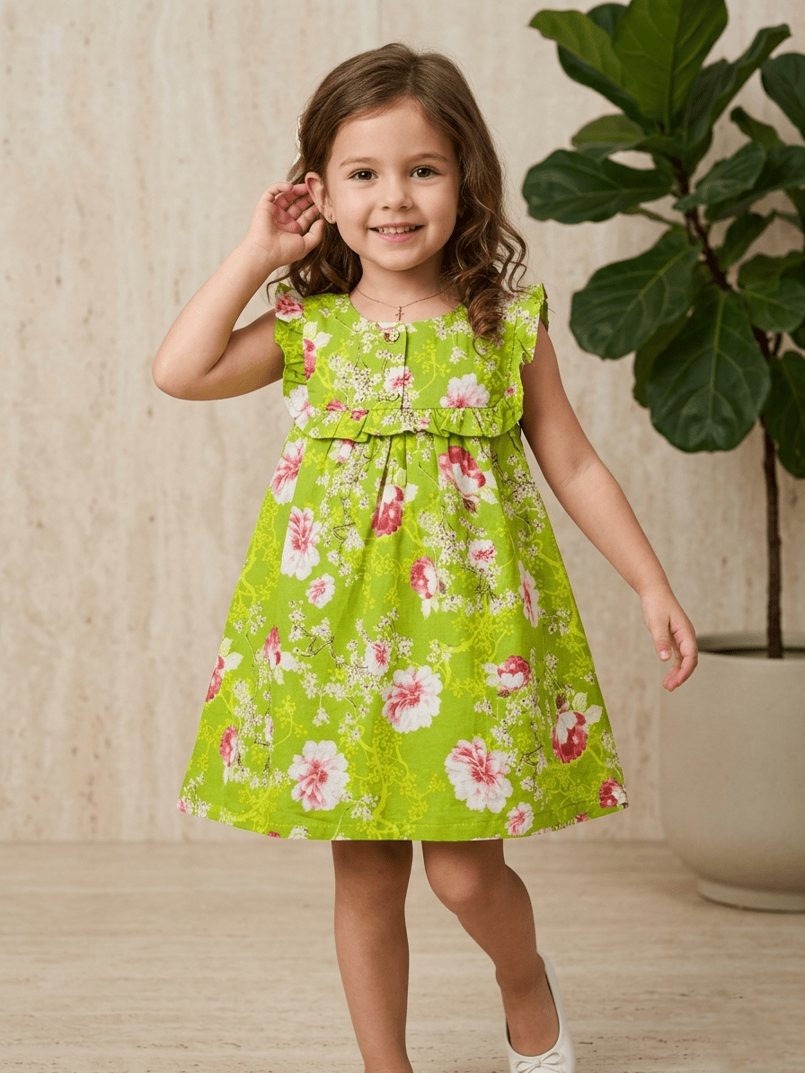 CUTIES GREEN FROCK WITH PINK FLOWERS PRINT (BG-0007920 - frock