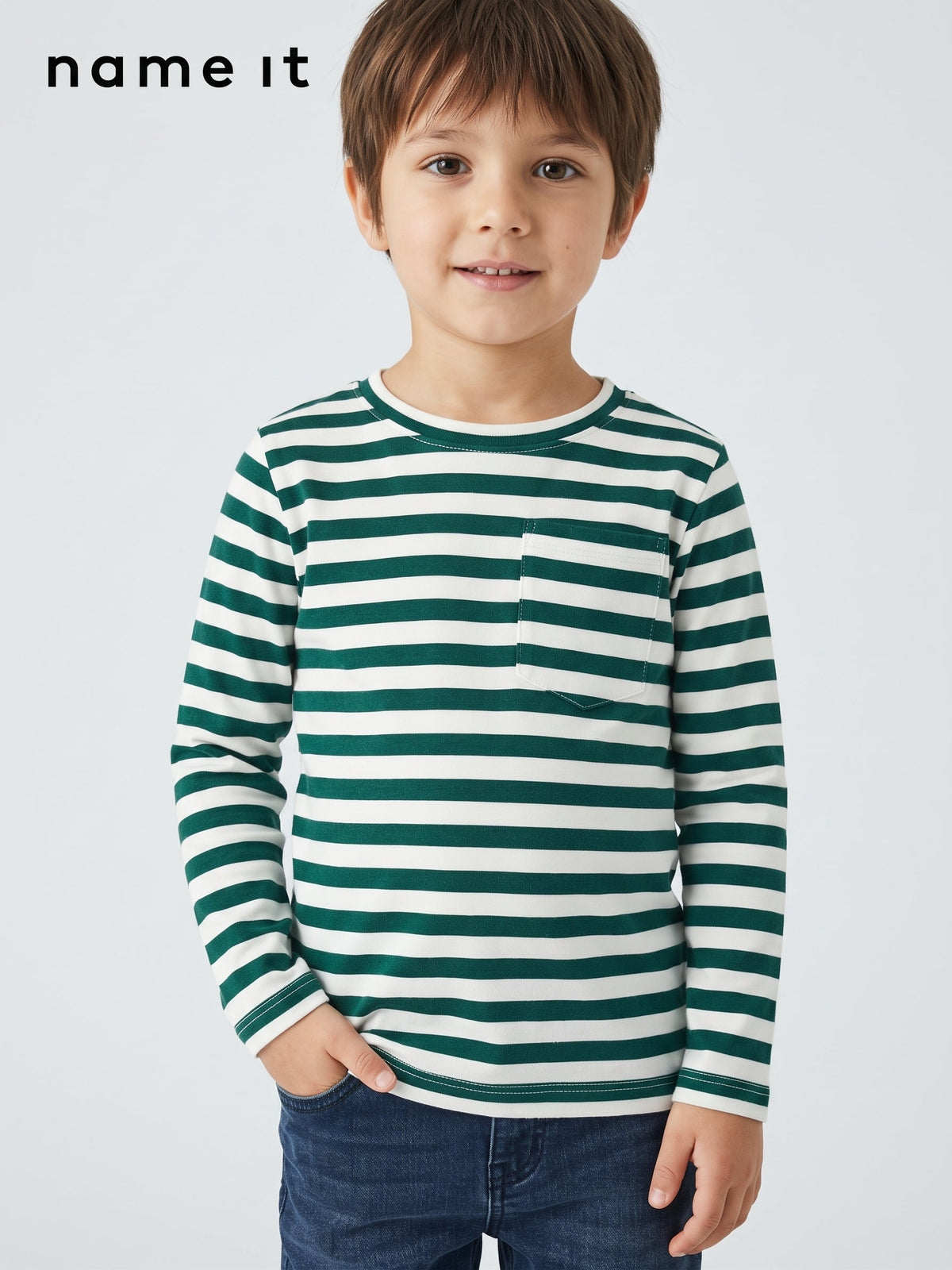 Forest Green and White Striped Pocket Long Sleeve Tee Name It (BG-000946)