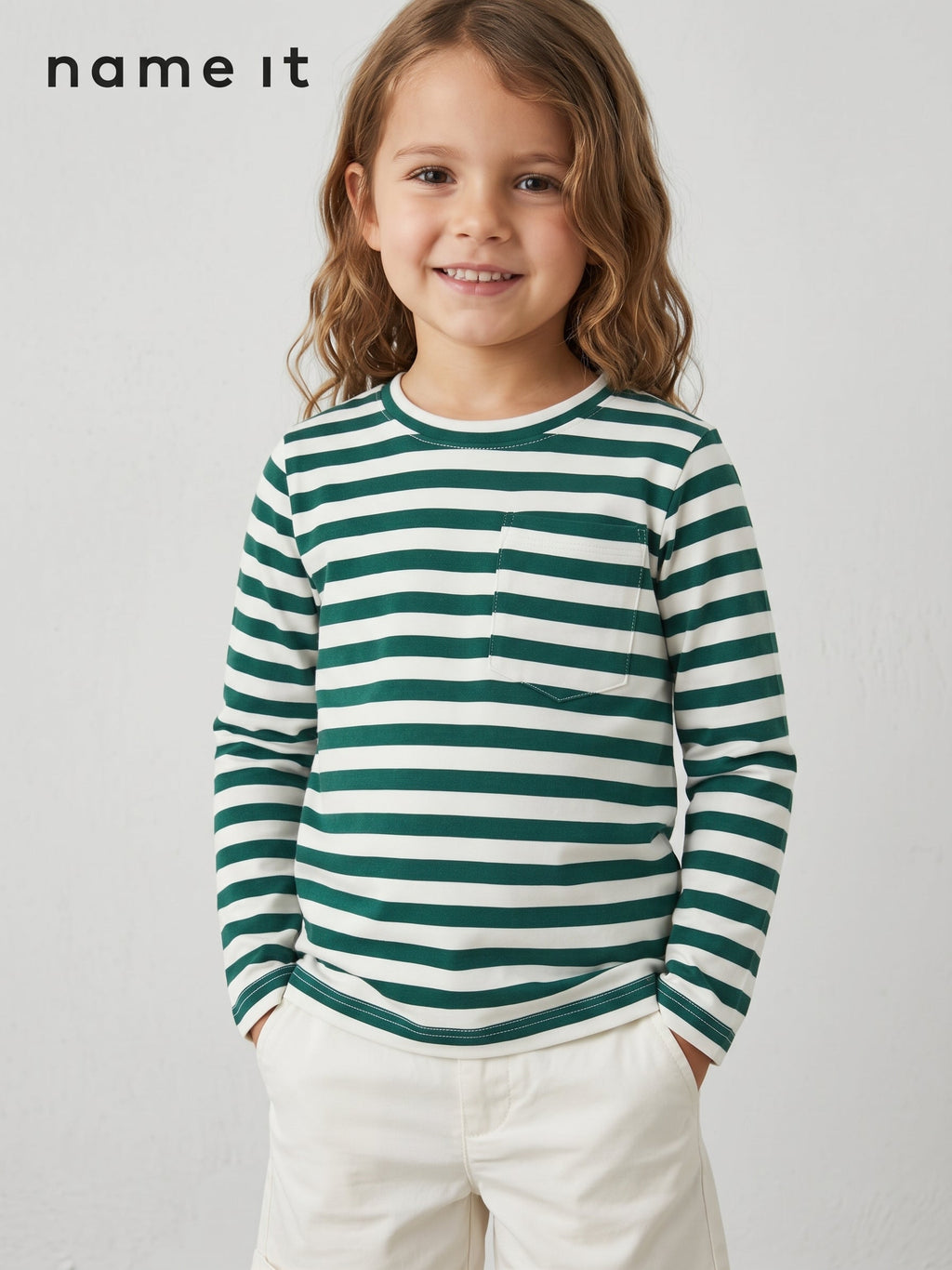 Forest Green and White Striped Pocket Long Sleeve Tee Name It (BG-000946)