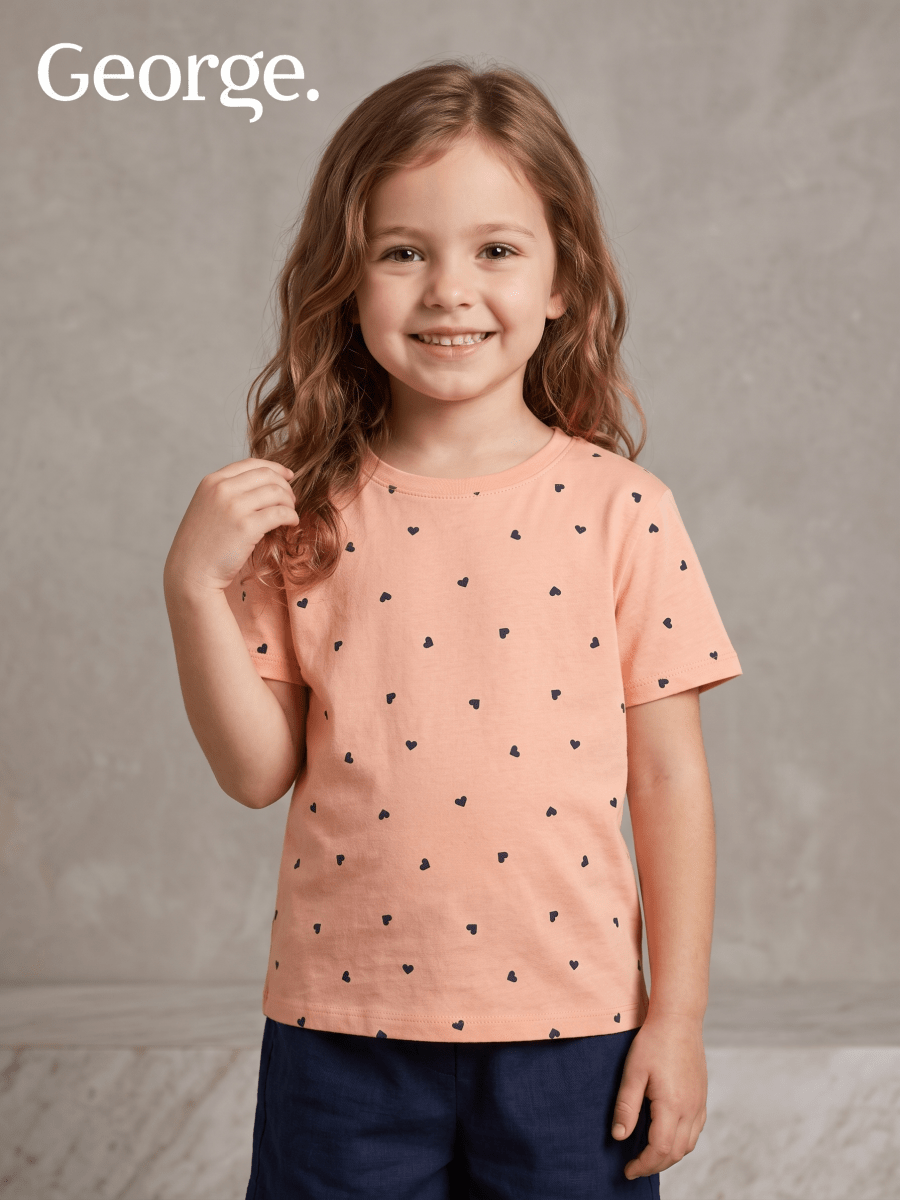 George Kids' Mini Heart Print Short Sleeve T-Shirt - Peach (BG-000765)