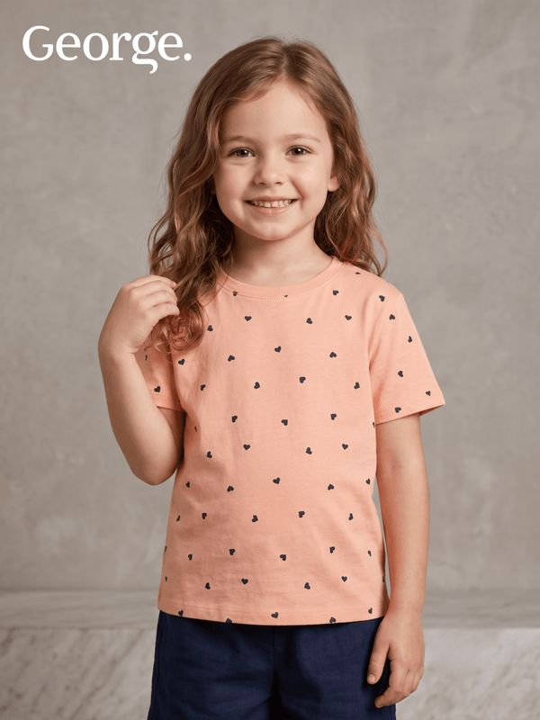 George Kids' Mini Heart Print Short Sleeve T-Shirt - Peach (BG-000765)
