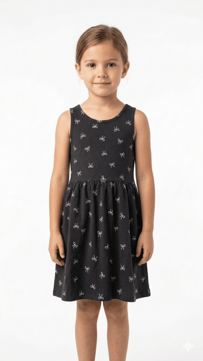 Girls Black Bow Printed Dress (BG-000379) - blouse