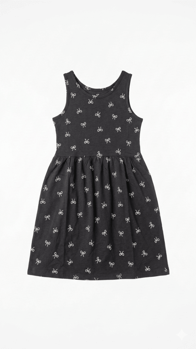 Girls Black Bow Printed Dress (BG-000379) - blouse