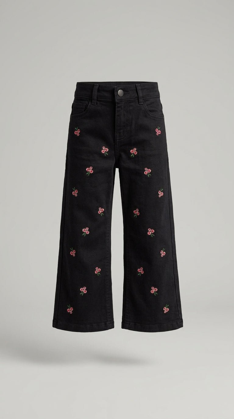 Girls Black Embroidered Cherry Straight-Leg Denim Jeans (BG-000942)