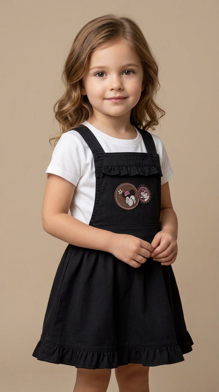 Girls Black Mickey Mouse Patch Pinafore Ruffle Dress (BG-000944)