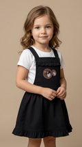 Girls Black Mickey Mouse Patch Pinafore Ruffle Dress (BG-000944)