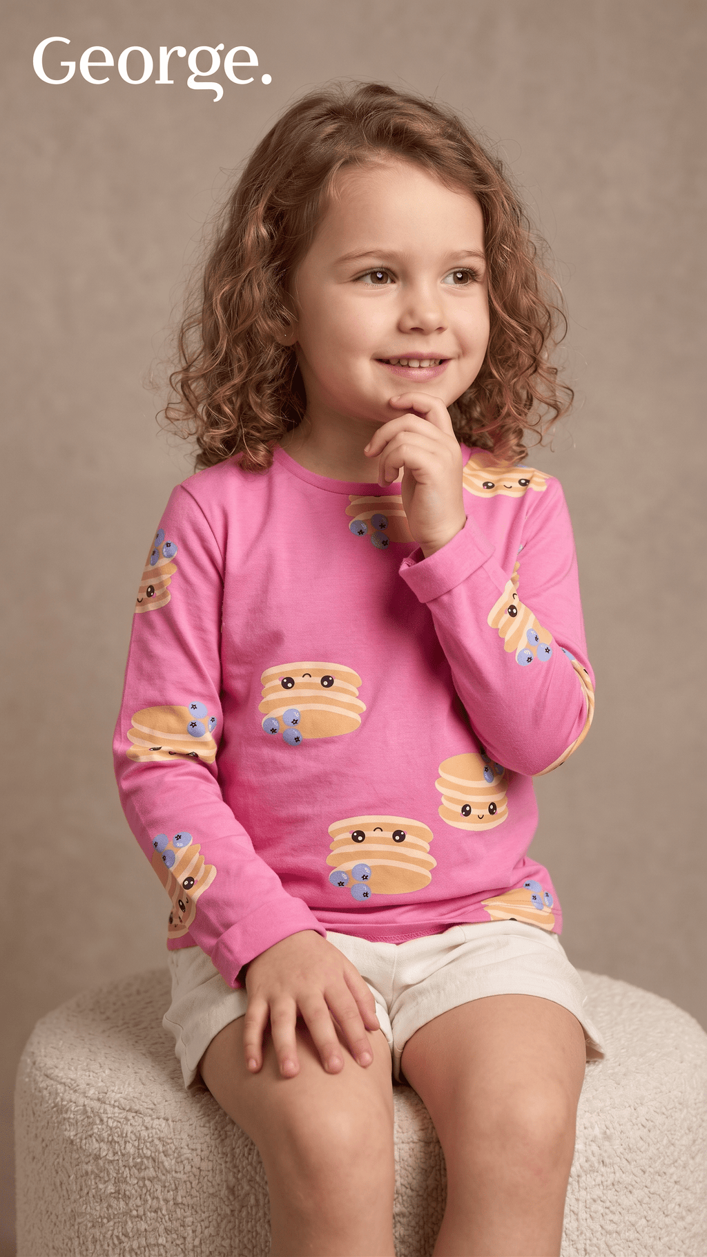 Girls Bright Pink Kawaii Pancake Print Long Sleeve T-Shirt George (BG-000926)