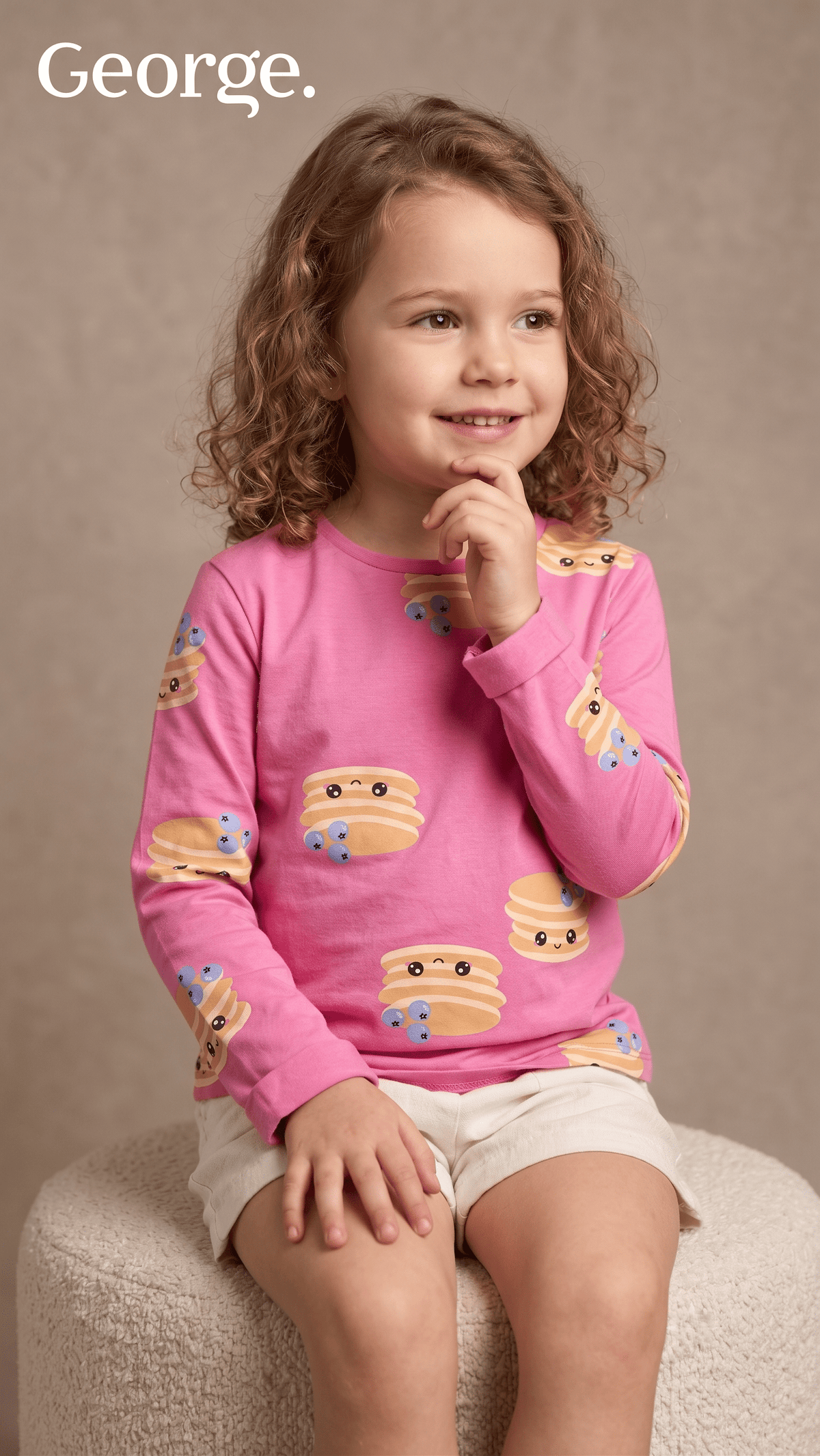 Girls Bright Pink Kawaii Pancake Print Long Sleeve T-Shirt George (BG-000926)