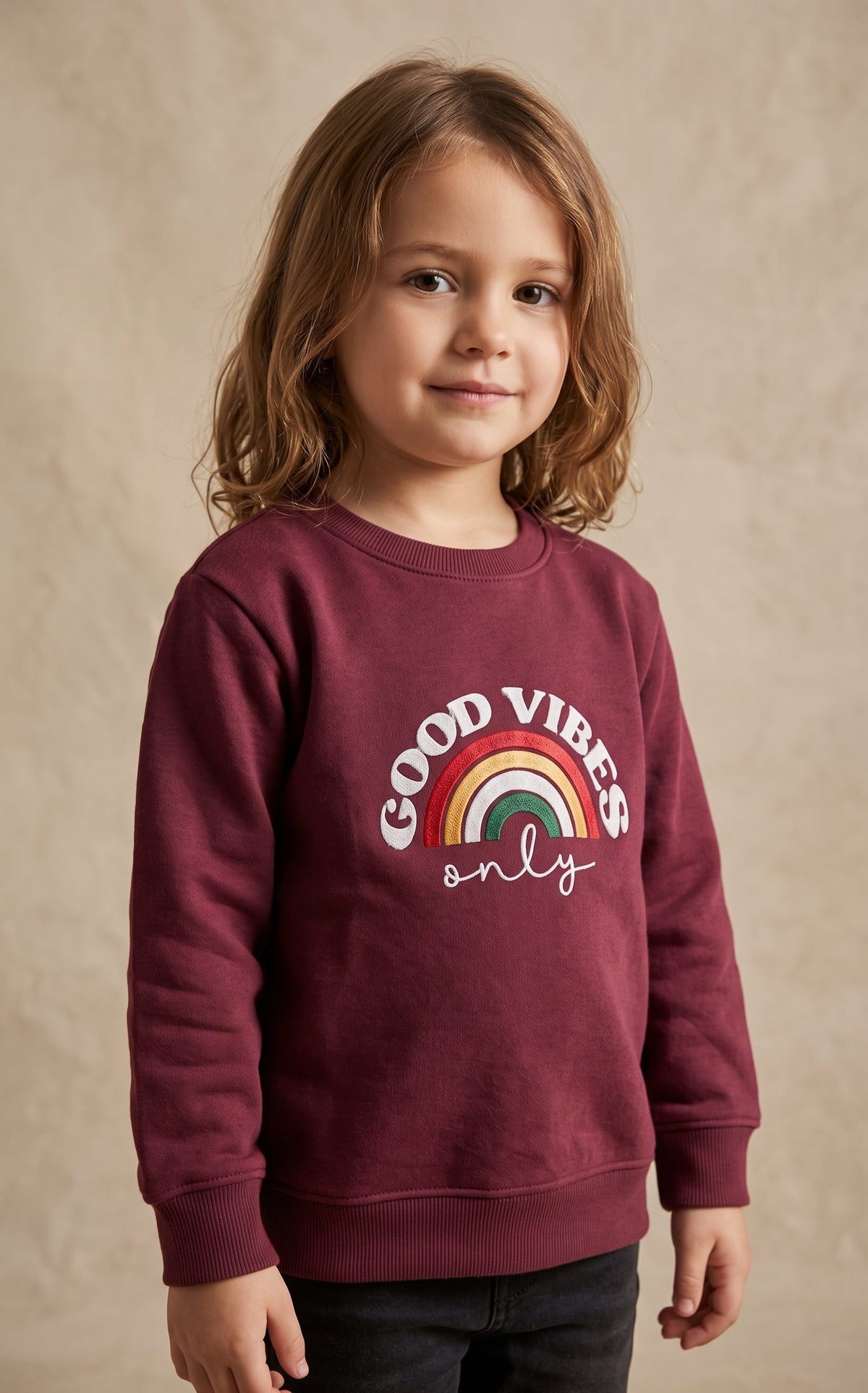Girls Burgundy "Good Vibes Only" Rainbow Sweatshirt (BG-000990)