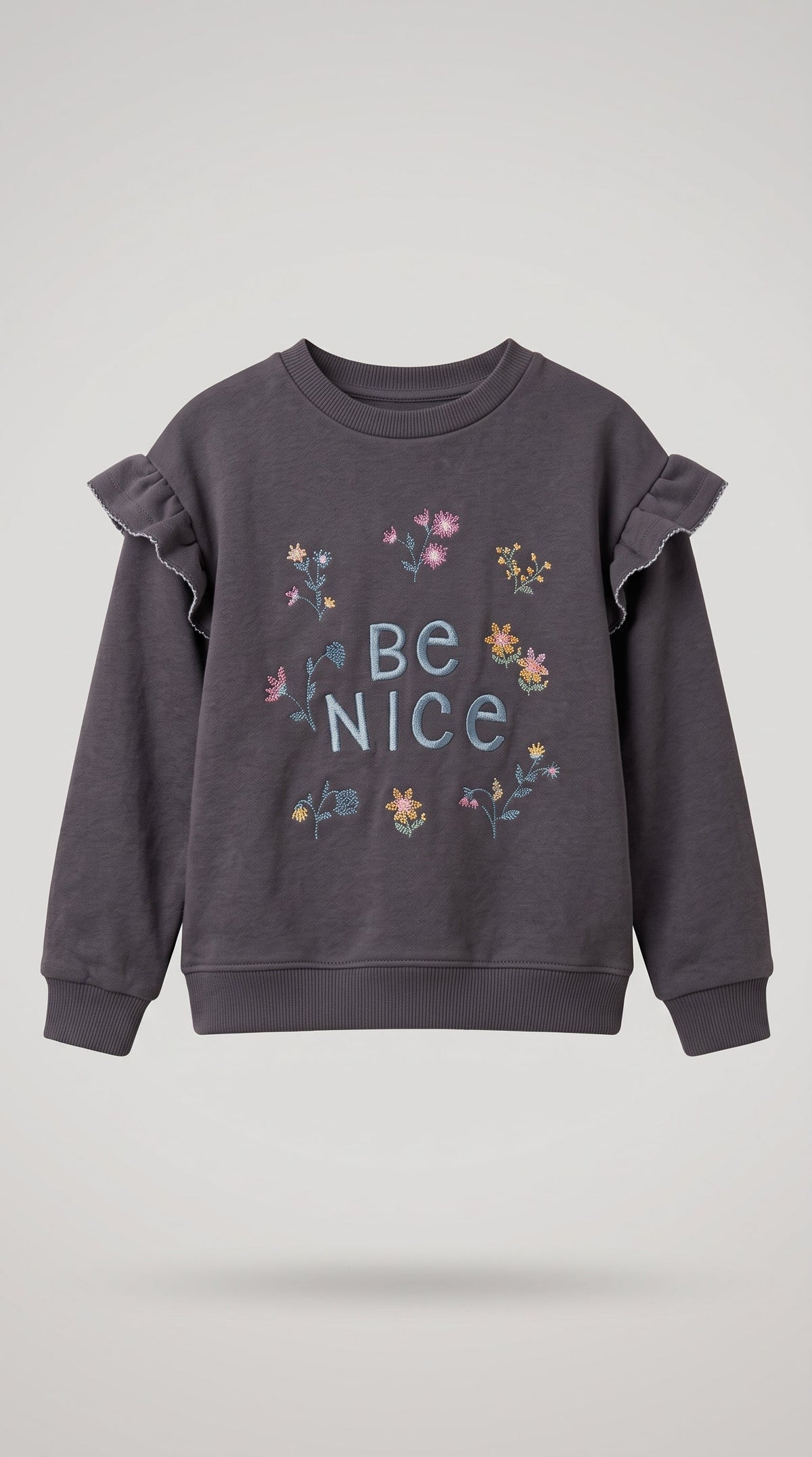 Girls Charcoal Grey Ruffle Sweatshirt - Embroidered "Be Nice" Floral Graphic (BG-000050)