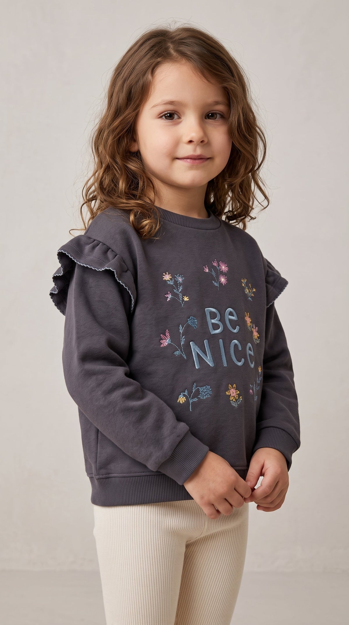 Girls Charcoal Grey Ruffle Sweatshirt - Embroidered "Be Nice" Floral Graphic (BG-000050)