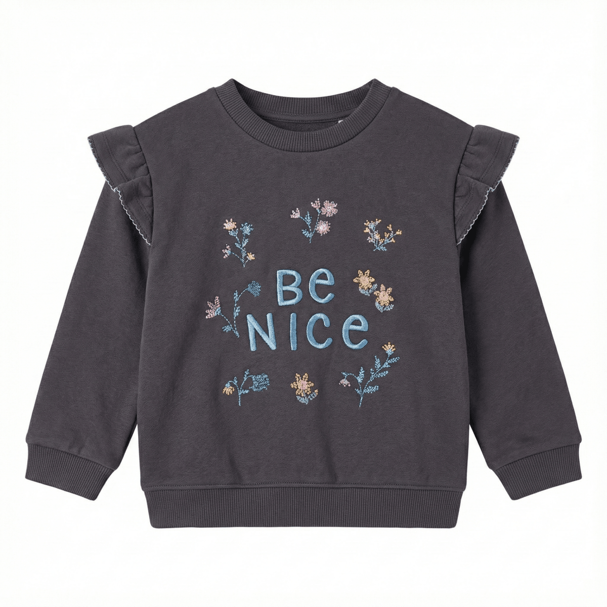 Girls Charcoal Grey Ruffle Sweatshirt - Embroidered "Be Nice" Floral Graphic (BG-000050)