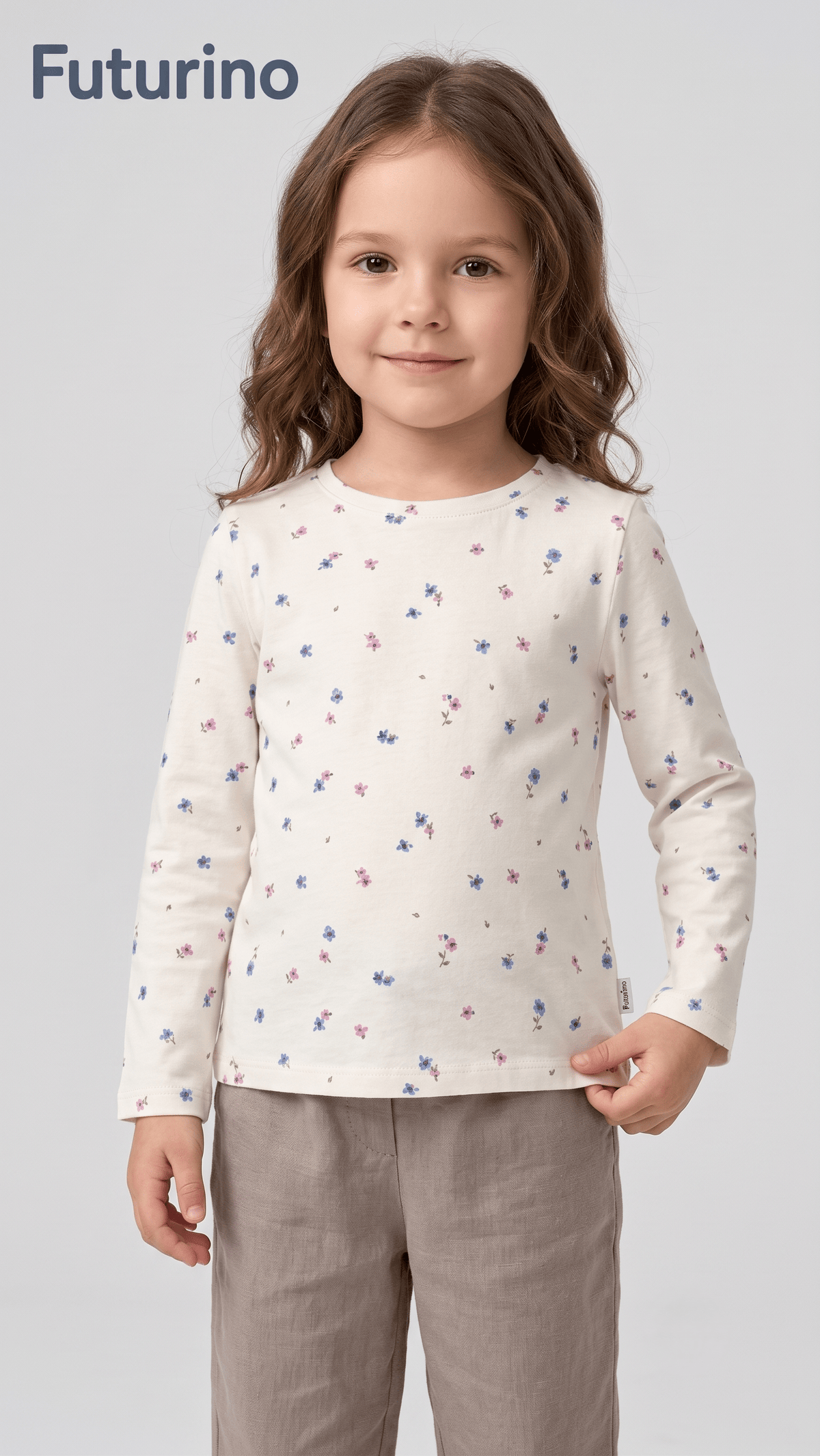 Girls Cream Ditsy Floral Long Sleeve T-Shirt Futurino (BG-000923)