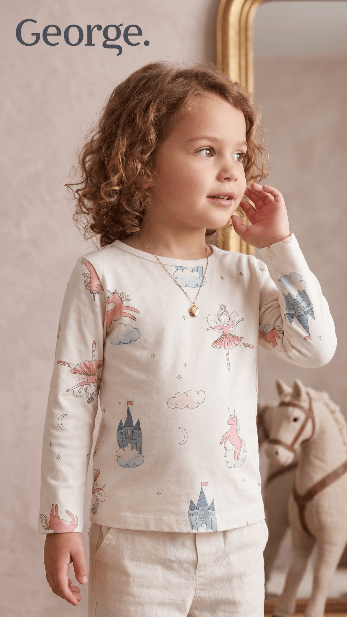 Girls Cream Fairy Tale Unicorn Print Long Sleeve T-Shirt George (BG-000922)
