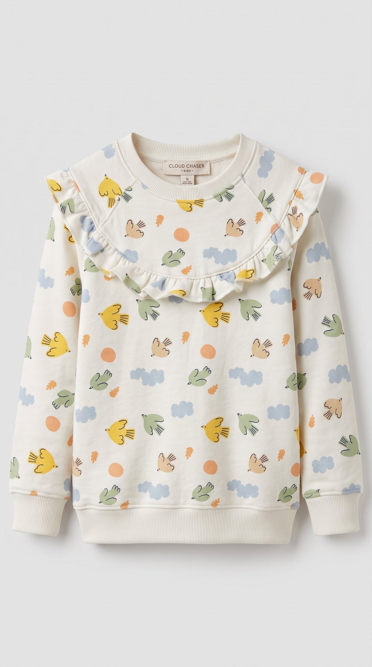 Girls Cream Ruffle Collar Sweatshirt - Cute Bird & Cloud Allover Print (BG-000053)