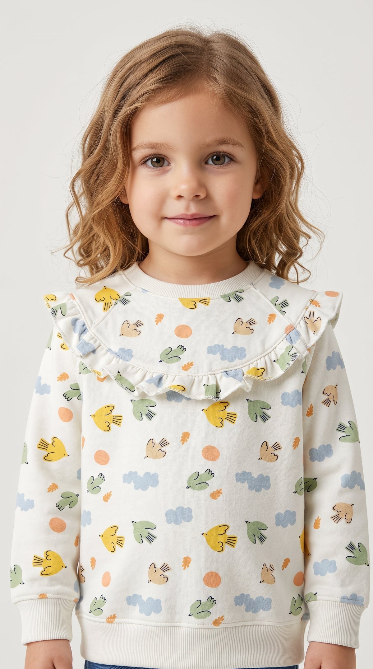Girls Cream Ruffle Collar Sweatshirt - Cute Bird & Cloud Allover Print (BG-000053)